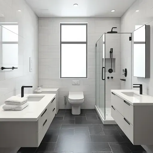 Renovated Brookeville MD bathroom with white marble countertops, floating vanity, black fixtures, glass shower, and elegant tiling