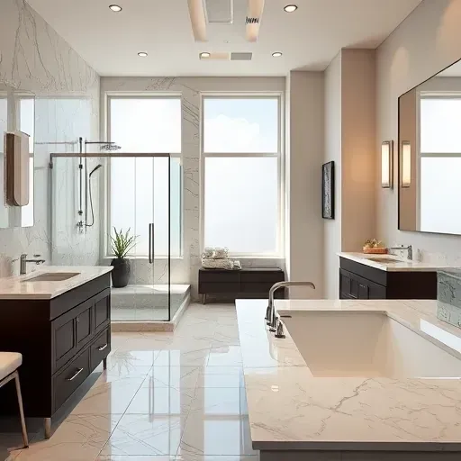 Modern renovated bathroom with glass shower, marble countertops, soaking tub, elegant tile, sleek fixtures, and soft natural light