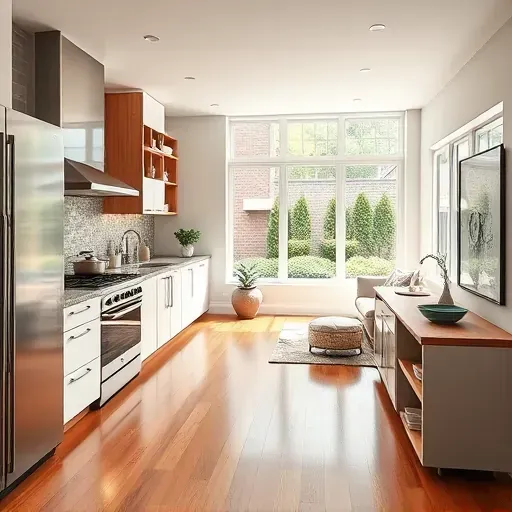 Stunning kitchen remodel in Takoma Park MD with modern appliances granite countertops hardwood floors and open shelving.