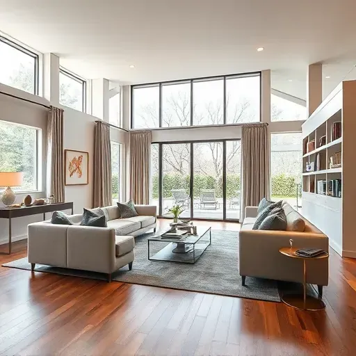 Home remodeling project in Rockville MD showcases modern design with stylish furnishings and bright lighting.