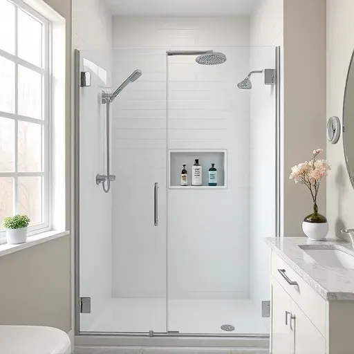 Freshly renovated bathroom in Rockville MD featuring a modern glass shower enclosure, chrome fixtures, white tiles, and natural light.