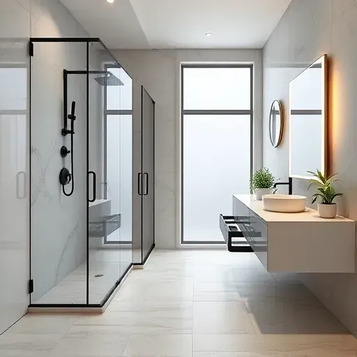 Renovated Fairfax VA bathroom with glass walk-in shower, black fixtures, marble tiles, floating vanity, LED lighting, and natural light