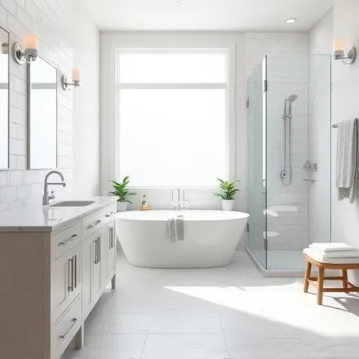 Renovated bathroom in Falls Church VA features modern fixtures, freestanding tub, and elegant marble countertop.