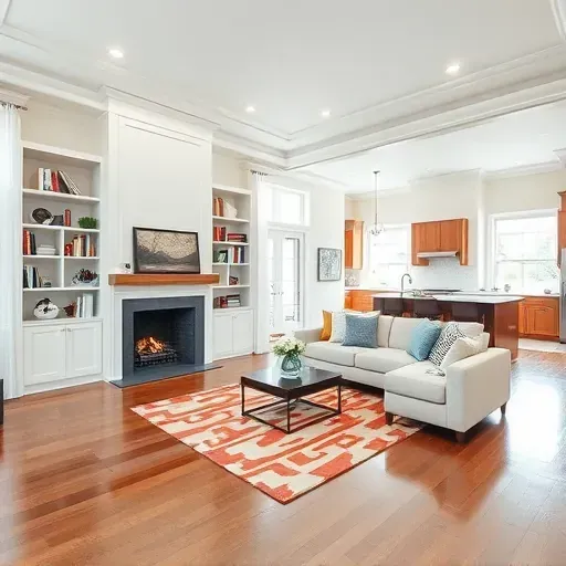 Stunning living room remodel in Fort Washington MD features open layout, modern design, fireplace, and chic decor.