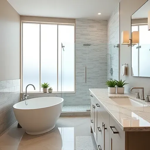 Renovated Brookeville Maryland bathroom with modern fixtures, glass shower, freestanding tub, marble counter, and natural lighting