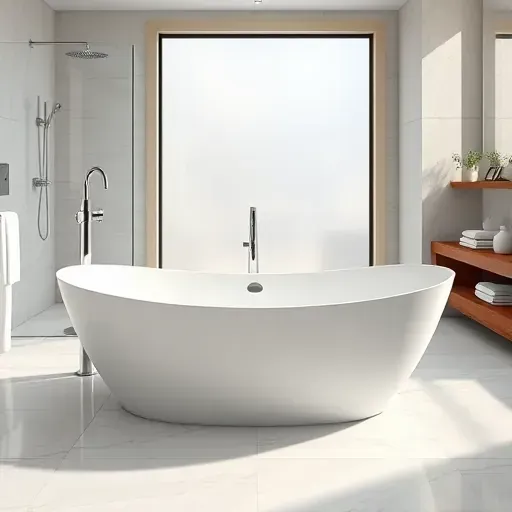 Freshly installed white freestanding bathtub in modern upscale bathroom with chrome fixtures, marble tiles, and natural light Arizona