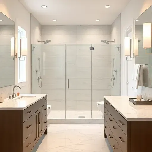 Renovated Potomac Maryland bathroom with modern fixtures, walk-in shower, marble countertops, sleek cabinetry, and natural lighting