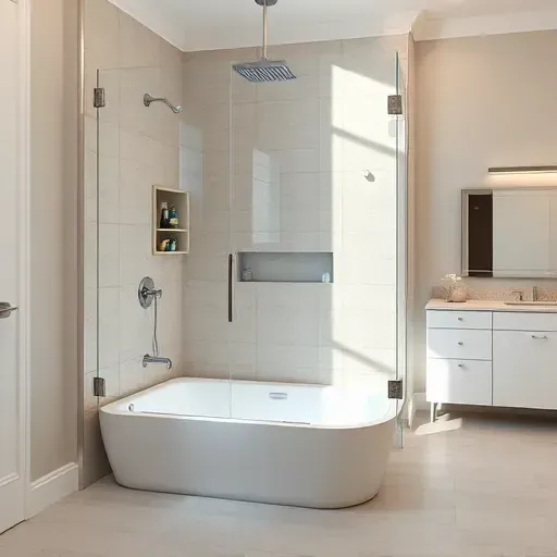 Beautiful tub-to-shower conversion in Rockville Maryland with modern glass doors chrome fixtures and neutral tiles