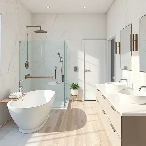 Modern renovated bathroom with freestanding tub rainfall shower marble tiles double vanity neutral tones elegant accessories