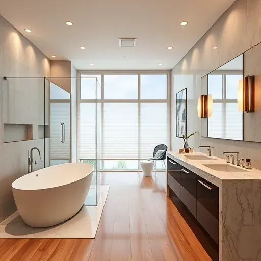 Beautiful renovated Potomac MD bathroom with modern fixtures, walk-in shower, marble vanity, and natural lighting