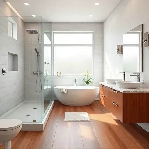 Remodeled modern bathroom in Fort Washington MD with walk-in shower, freestanding bathtub, double vanity, and polished hardwood floor