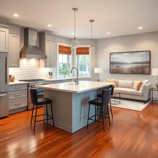 Modern kitchen remodel in Wheaton, MD featuring gray cabinetry, quartz countertops, spacious island, and elegant lighting.