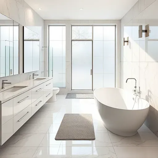 Beautiful modern bathroom in Rockville MD with walk-in shower granite vanity freestanding tub and elegant decor