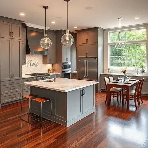 Modern kitchen remodel in Vienna VA with gray cabinetry, marble island, stainless steel appliances, and ambient lighting.