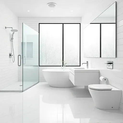 Spacious remodeled bathroom in Rockville, MD with white marble floors, frameless glass shower, and freestanding tub.