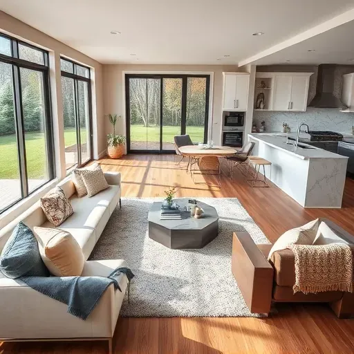 Home remodeling in Potomac MD featuring a modern living room with hardwood floors, large windows, and stylish decor.