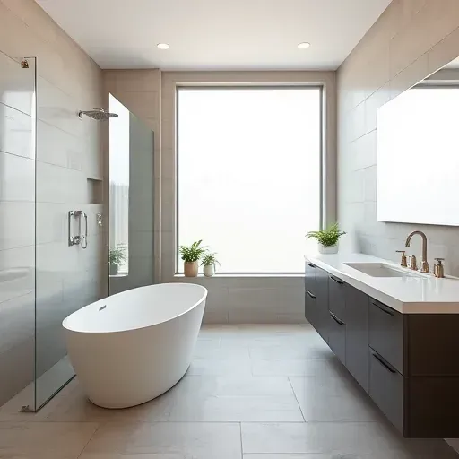 Completed bathroom remodel in Chevy Chase MD featuring modern design, freestanding tub, and elegant fixtures.