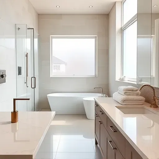 Newly remodeled bathroom in Rockville MD with modern fixtures, a freestanding tub, and elegant accessories.