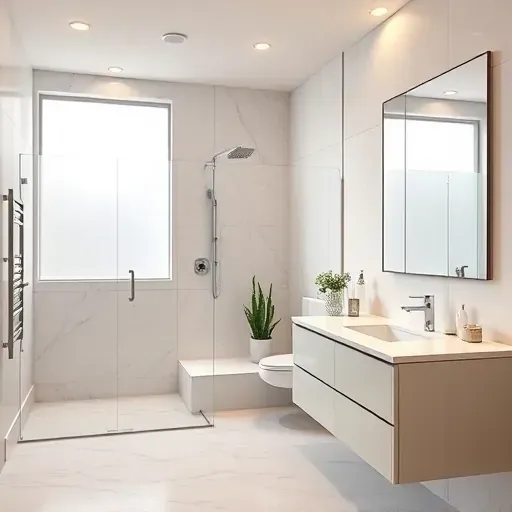 Modern renovated bathroom in Derwood MD with glass shower, marble tiles, sleek fixtures, natural light, and elegant finishes