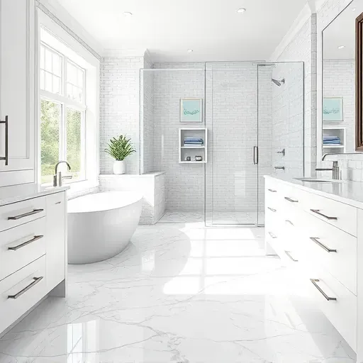 Remodeled bathroom in Rockville MD with marble flooring, modern cabinetry, and a spacious walk-in shower.