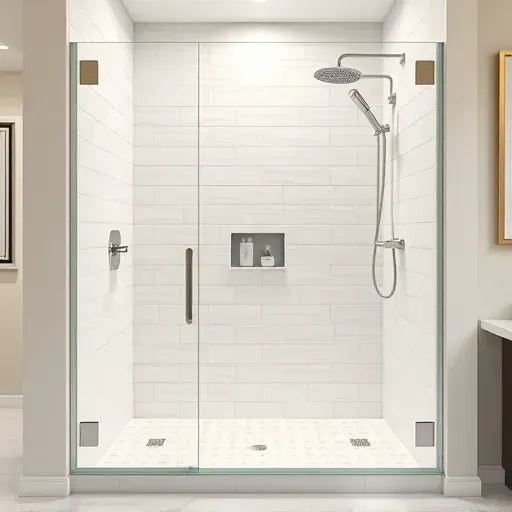 Finished shower tile installation with modern ceramic tiles, glass enclosure, chrome fixtures, in a bright, elegant bathroom