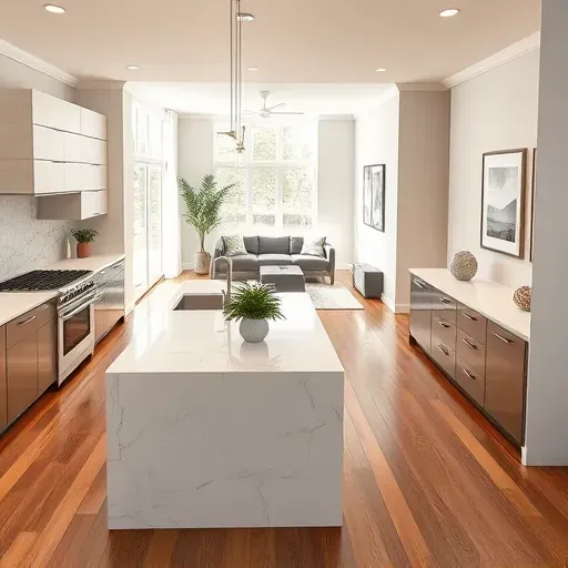 Modern kitchen remodel in Tysons VA with custom cabinetry, marble countertops, and spacious island, featuring natural light.
