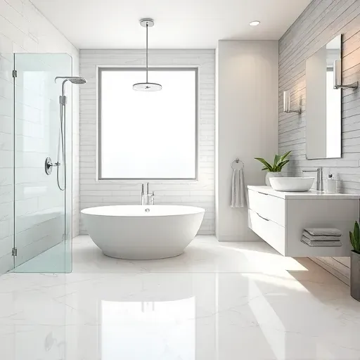 Renovated bathroom in Rockville MD with marble flooring, freestanding tub, and contemporary fixtures emphasizing modern luxury.