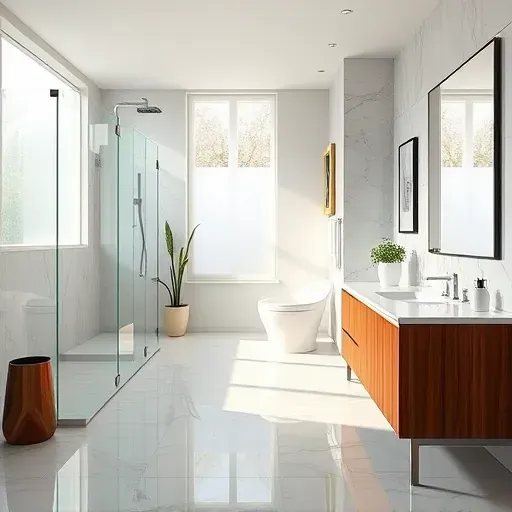 Renovated Sandy Spring Maryland bathroom with walk-in glass shower, free-standing tub, wooden vanity, natural light, and elegant design