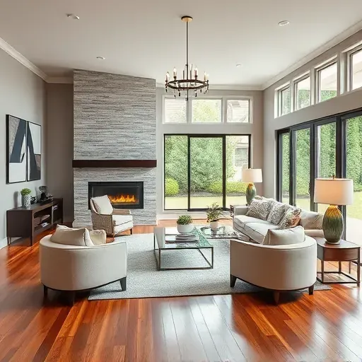Elegant living room in Gaithersburg MD with modern design, neutral palette, and rich wooden floors, showcasing exquisite details.