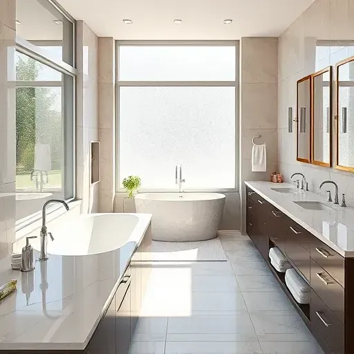 Renovated Germantown MD bathroom with quartz countertops, freestanding tub, modern fixtures, natural light, elegant tilework