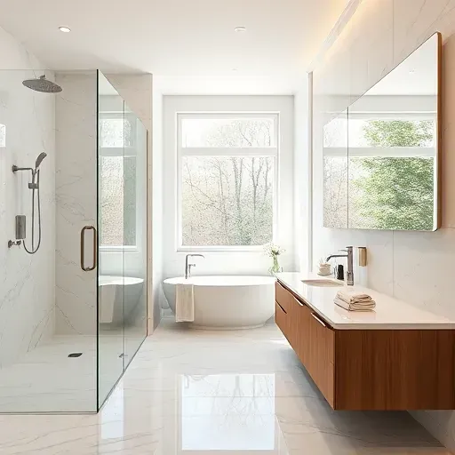 Modern Olney MD bathroom remodel with walk-in shower, freestanding tub, marble tiles, and stylish fixtures.