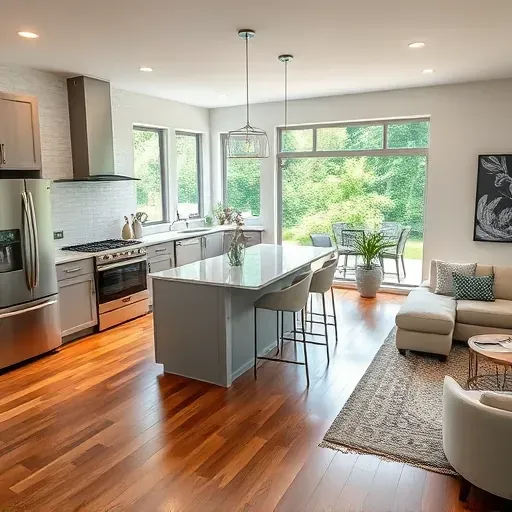 Modern kitchen remodel in Potomac MD with quartz countertops, stainless steel appliances, and a spacious island with bar stools.