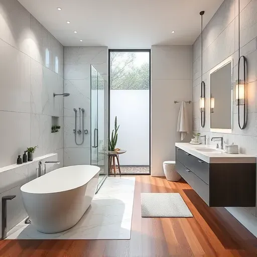 Remodeled Poolesville MD bathroom with walk-in marble shower, freestanding tub, granite double vanity, modern fixtures, natural light