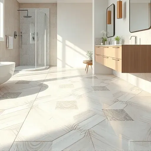 Freshly finished bathroom floor with large patterned ceramic tiles, sleek fixtures, and immaculate craftsmanship in Rockville MD