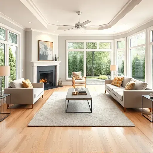 Renovated living room in Greenbelt MD featuring modern decor, fireplace, natural light, and elegant furnishings.