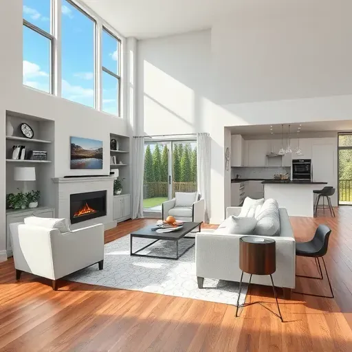 Modern living room in Aspen Hill MD with sleek furniture, large windows, wooden floors, and cozy fireplace ambiance.