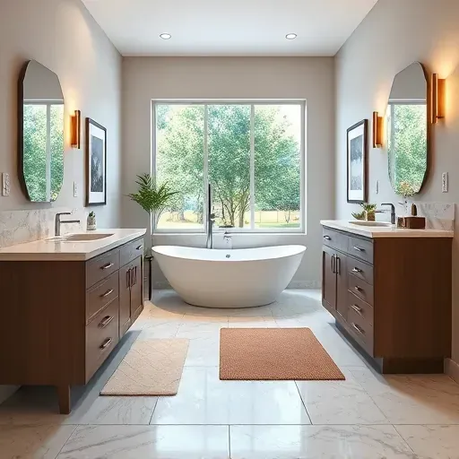 Modern remodeled bathroom in Laurel MD features a soaking tub, marble countertops, sleek fixtures, and lush greenery outside