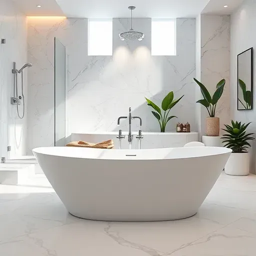 Recently installed modern freestanding bathtub with chrome fixtures in a luxurious marble-tiled bathroom with natural light and green plants