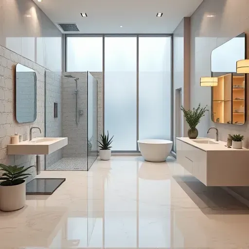 Recently remodeled bathroom in Burtonsville MD with modern fixtures, walk-in shower, freestanding tub, and elegant vanities.