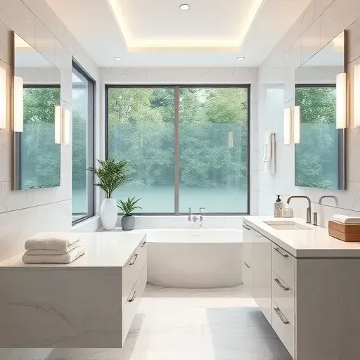 Renovated Clarksburg Maryland bathroom with modern fixtures, marble countertops, glass shower, large frosted windows, and lush greenery outside