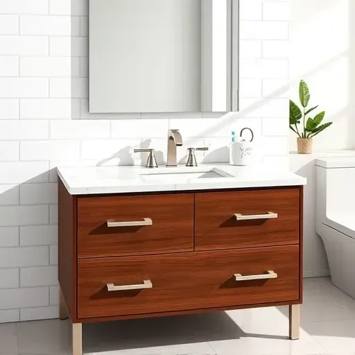Modern bathroom vanity with marble countertop, brushed nickel sink, dark wood cabinetry, subway tile walls, and sleek mirror