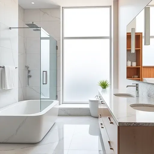 Renovated modern bathroom in Burtonsville MD with walk-in shower, marble tiles, freestanding tub, granite vanity and natural light