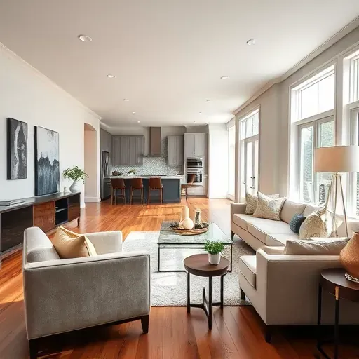 Completed home remodeling in Falls Church VA, showcasing a cozy living room, modern furniture, and open kitchen.