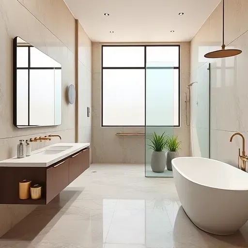 Luxurious modern bathroom in Rockville MD with marble vanity, walk-in shower, freestanding tub, neutral tones, and natural light