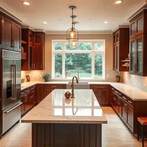 Modern kitchen remodel in Bethesda MD featuring marble countertops, custom cabinetry, and serene garden view.