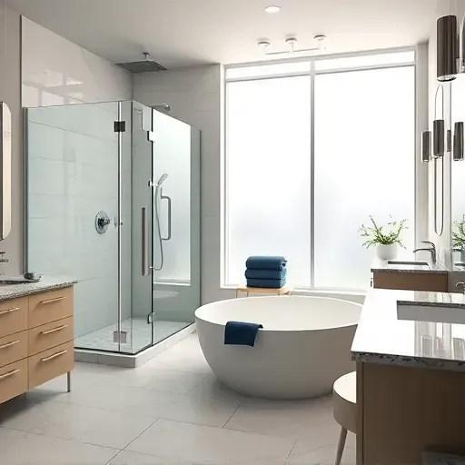 Freshly remodeled bathroom in Rockville MD with modern fixtures, walk-in shower, soaking tub, and chic decor.