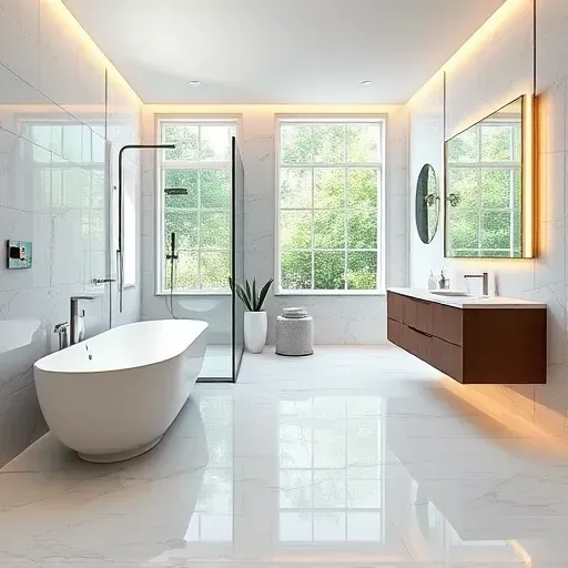 Newly remodeled bathroom in Alexandria VA with modern design, marble finishes, freestanding tub, and ample natural light.