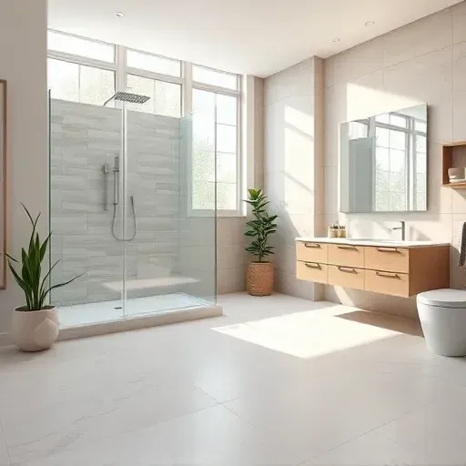 Modern renovated bathroom in Rockville MD with sleek fixtures, glass shower, floating vanity, natural light, and elegant design