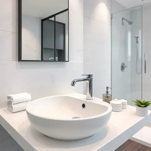 Newly installed modern porcelain bathroom sink with chrome faucet in upscale Rockville MD bathroom with marble tiles and sleek decor