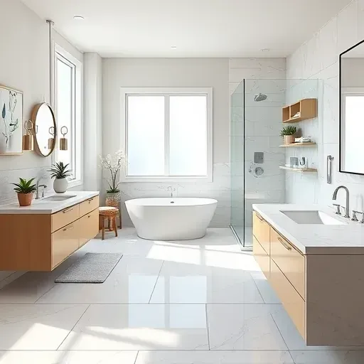 Newly remodeled North Potomac bathroom with modern fixtures, marble countertops, soaking tub, walk-in shower, natural light